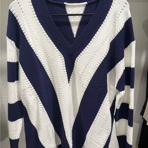 Navy and White Striped V-Neck Sweater